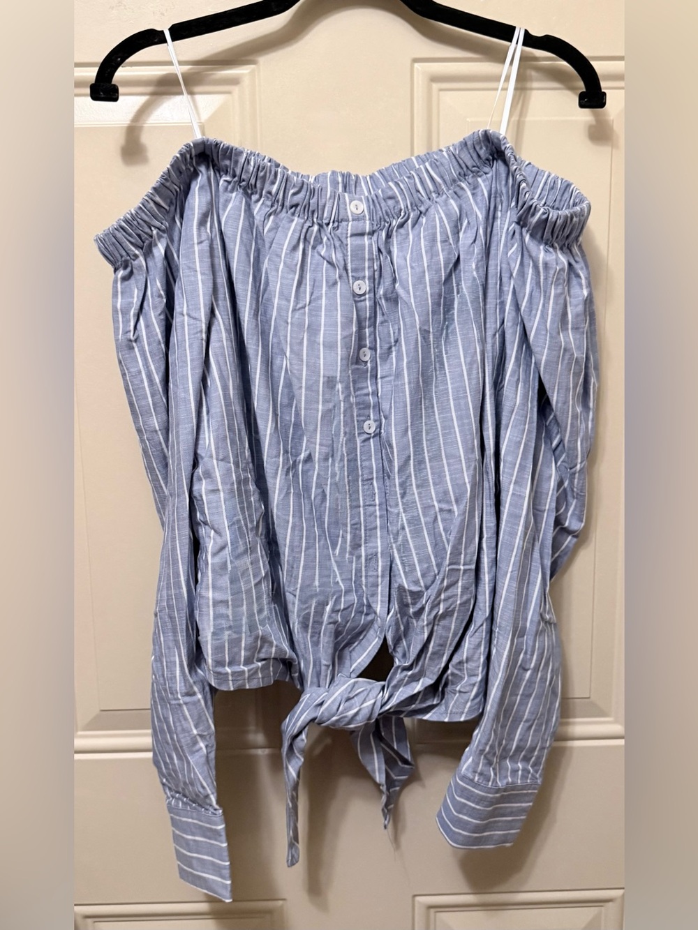Time and Tru Off Shoulder Long Sleeve Tie Front Top Blue with White Stripes XL